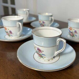 Colclough England Bone China blue floral demitasse cups & saucers - set of 6